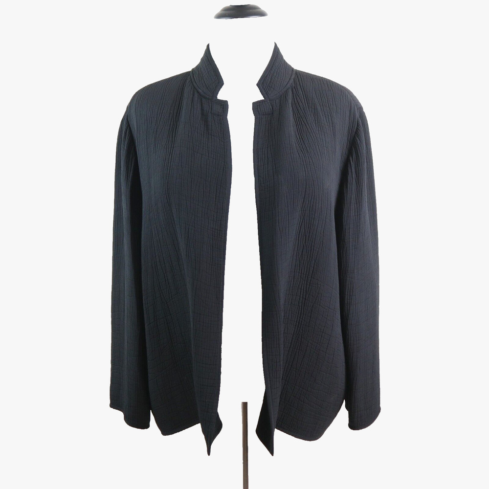 Eileen Fisher Size L Silk Crinkle Sponge Jacket Mandarin Collar Black - Picture 8 of 10